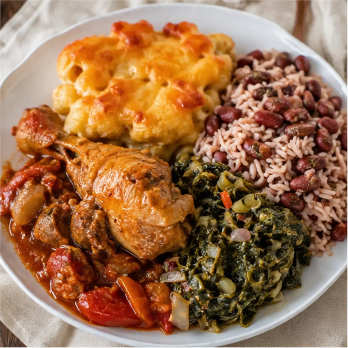 Caribbean Sunday lunch with stewed chicken, macaroni pie and callaloo