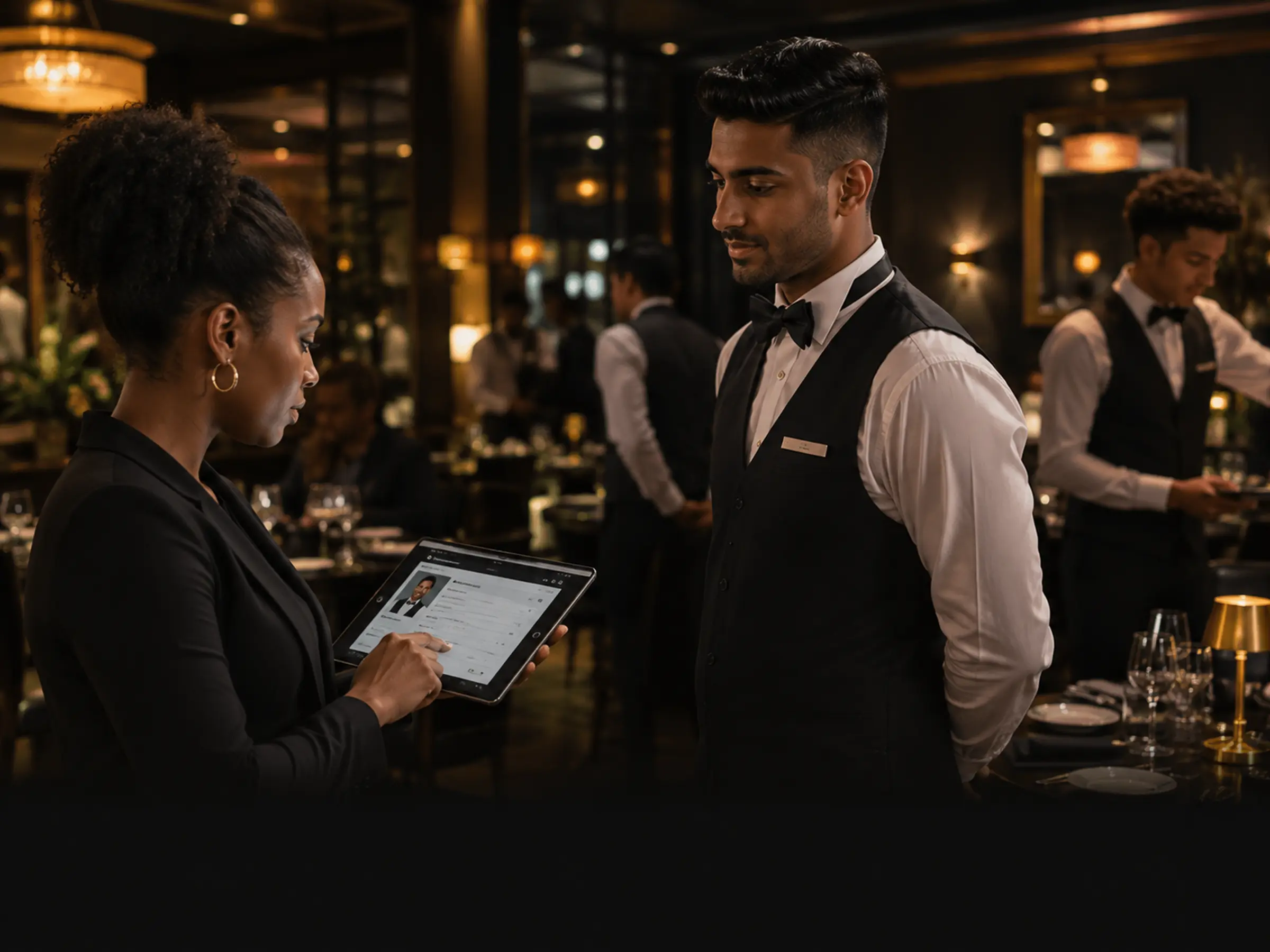 Restaurant manager reviewing a hospitality professional profile